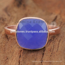 Rose Gold Blue Chalcedony Gemstone Ring, 925 Silver Ring Jewelry